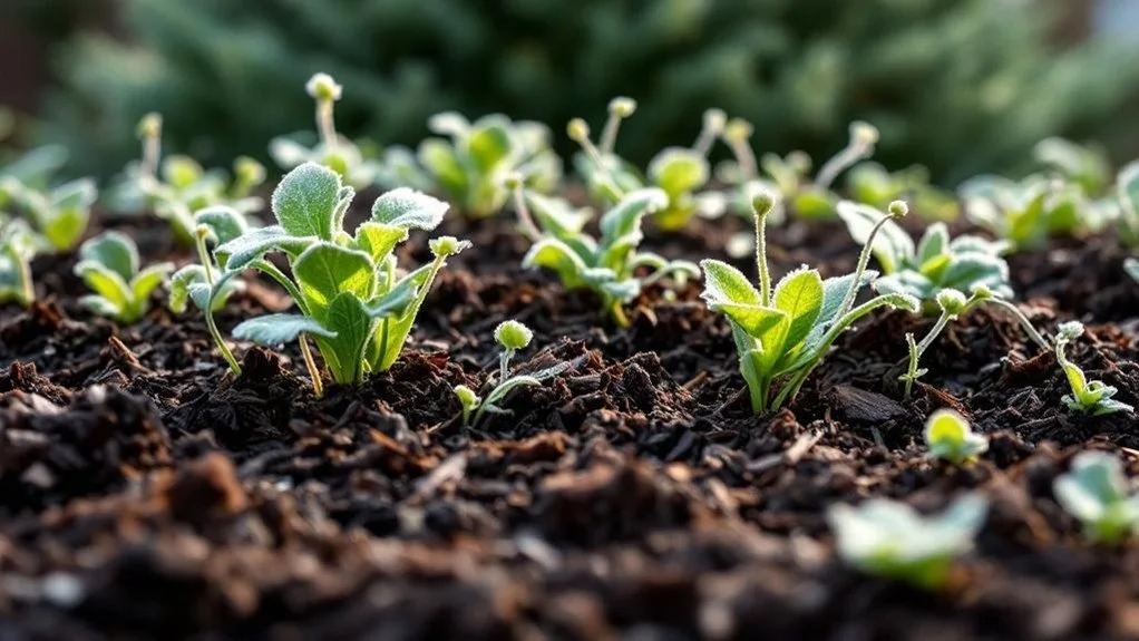Small seedlings growing in loose soil outdoors