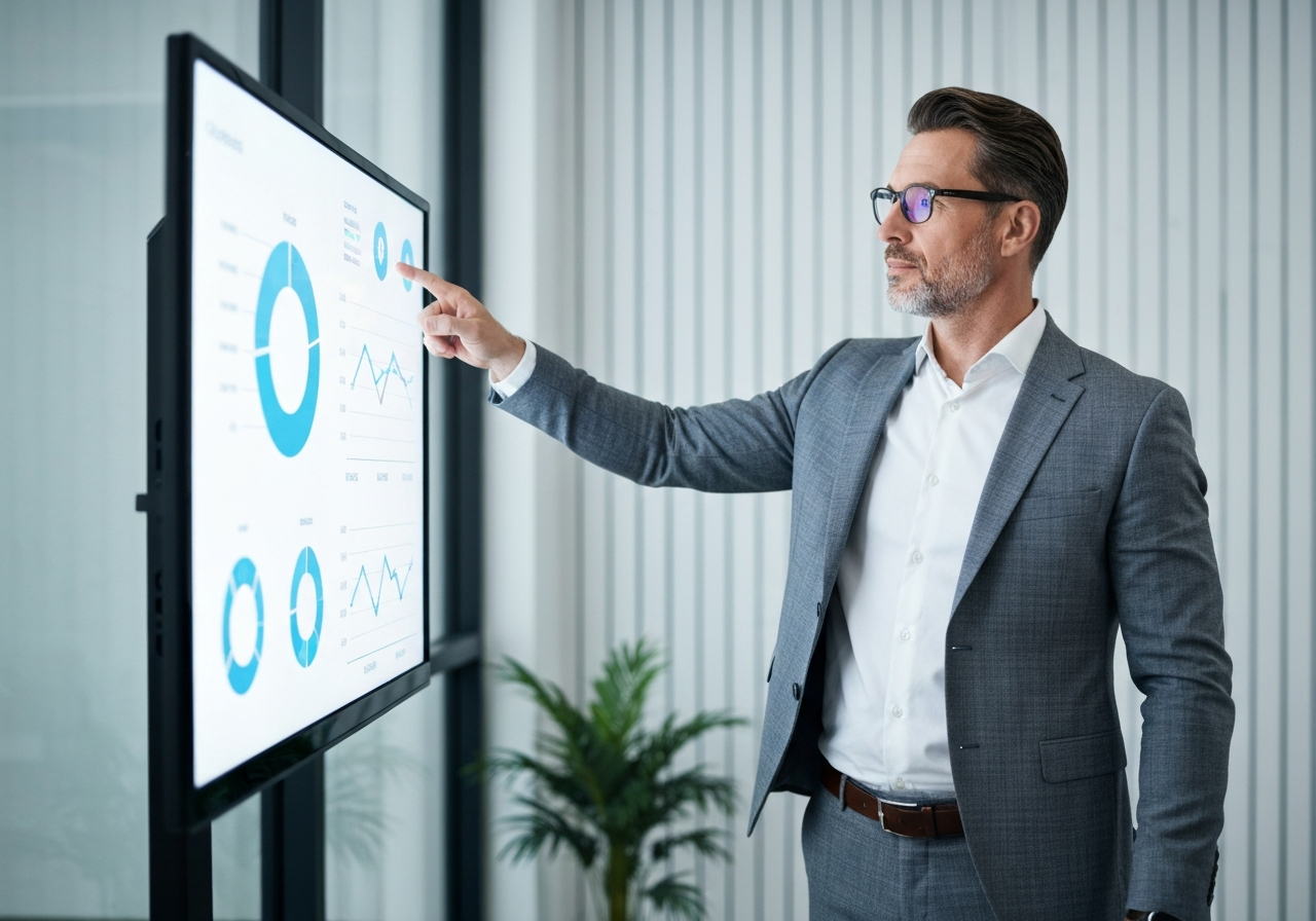 Smart professional pointing at chart - web design conversion tips