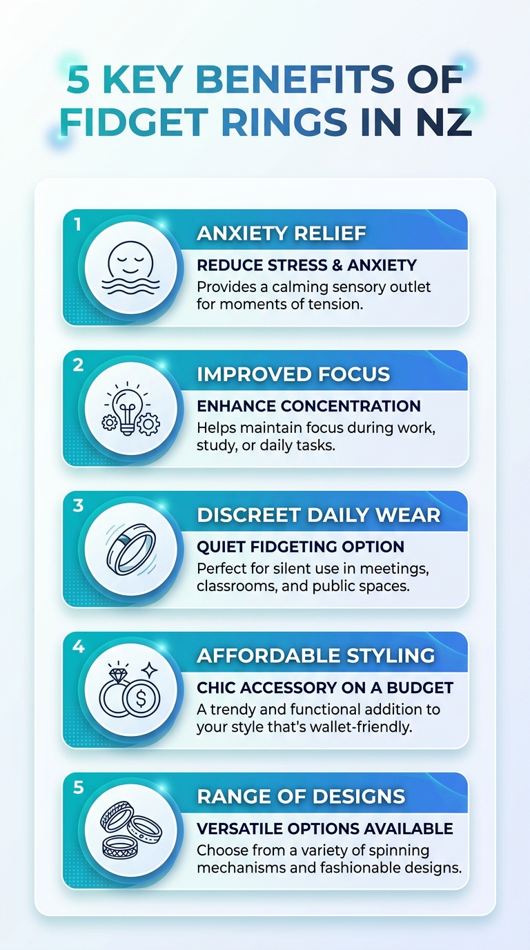 Infographic showing 5 key benefits of Fidget Ring NZ for stress relief and focus.