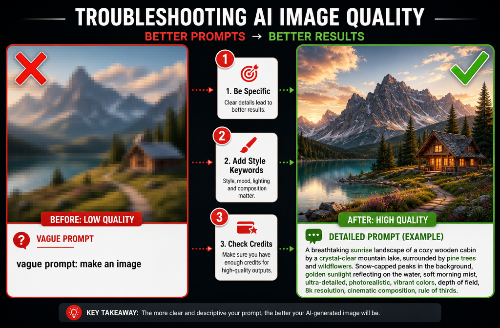Image 3: Landscape format (1536x1024) visual troubleshooting guide showing a before-and-after image quality comparison: left panel shows a blurry low-resolution AI image with a red X overlay and a text prompt labeled 'vague prompt: make an image'; right panel shows a sharp, vibrant, high-resolution AI-generated blog cover image with a green checkmark and a detailed prompt visible below it. Between the panels, three numbered tip badges float: '1. Be Specific', '2. Add Style Keywords', '3. Check Credits'. Color scheme: red, green, white, dark gray. Instructional infographic style, clear and educational.