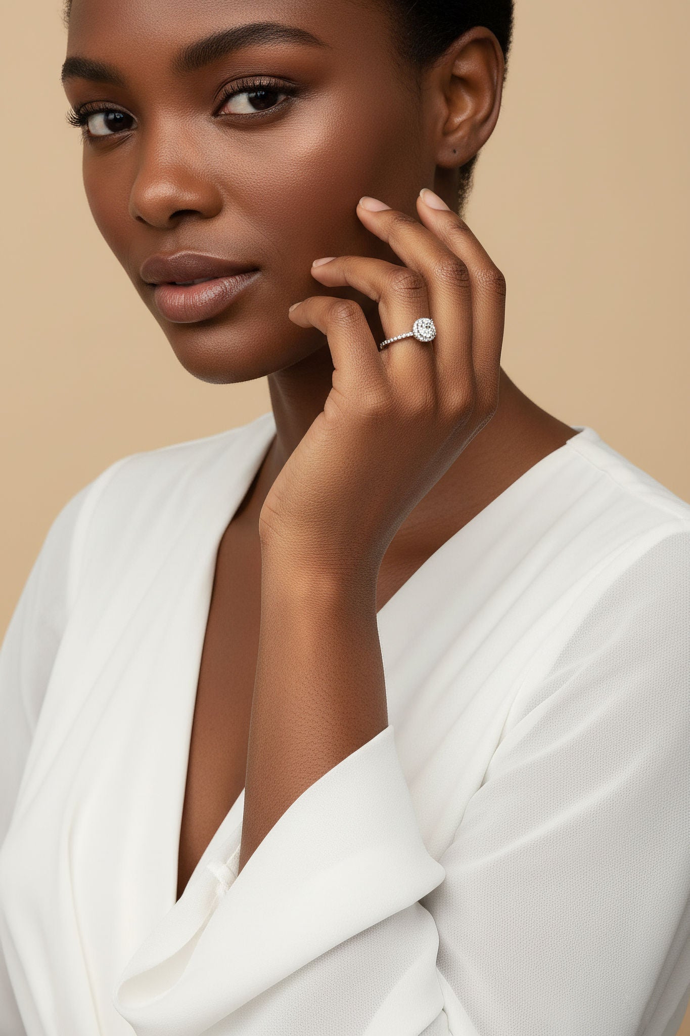 Round Halo Moissanite Ring on hand
