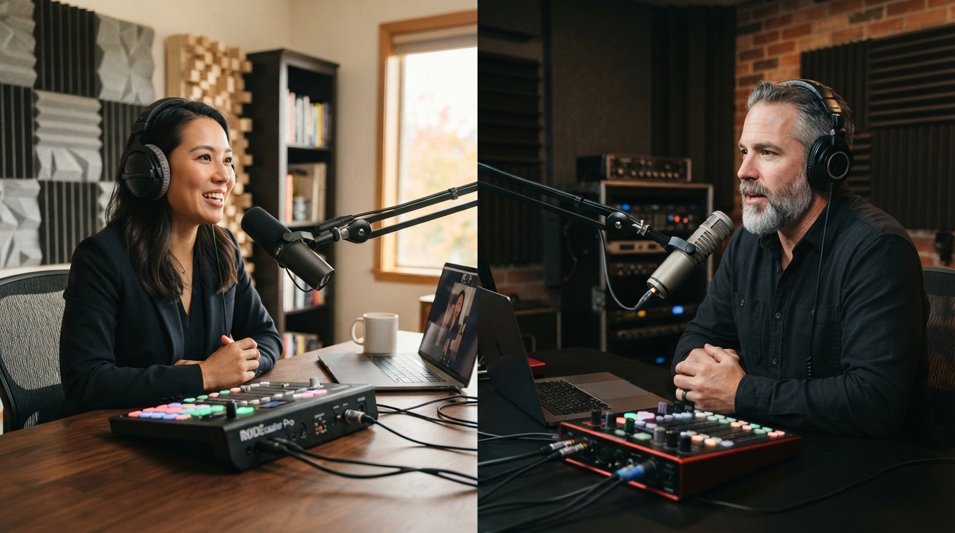 Two business leaders record a remote podcast interview from separate sound-treated rooms, speaking into microphones as