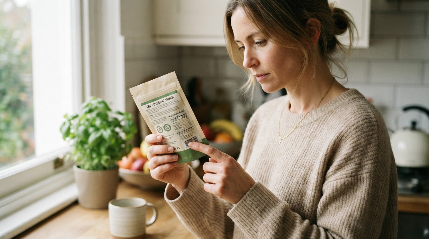 A shopper reads a plain CBD-labelled food packet and its ingredients in a bright home kitchen, soft morning light.