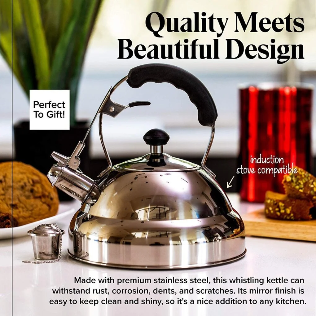 Polished stainless steel stovetop kettle on a kitchen counter