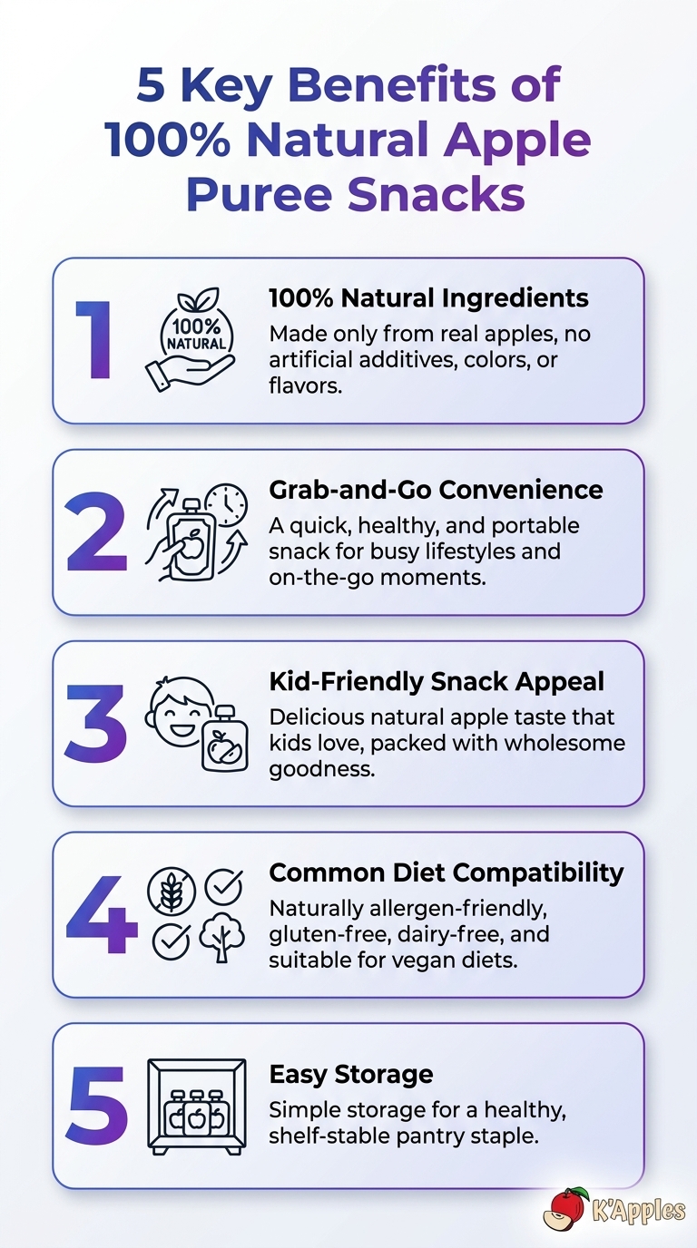 Infographie : 5 avantages clés des snacks de purée de pommes 100 % naturelle ; Achetez des snacks de purée de pommes 100 % naturelle en ligne.