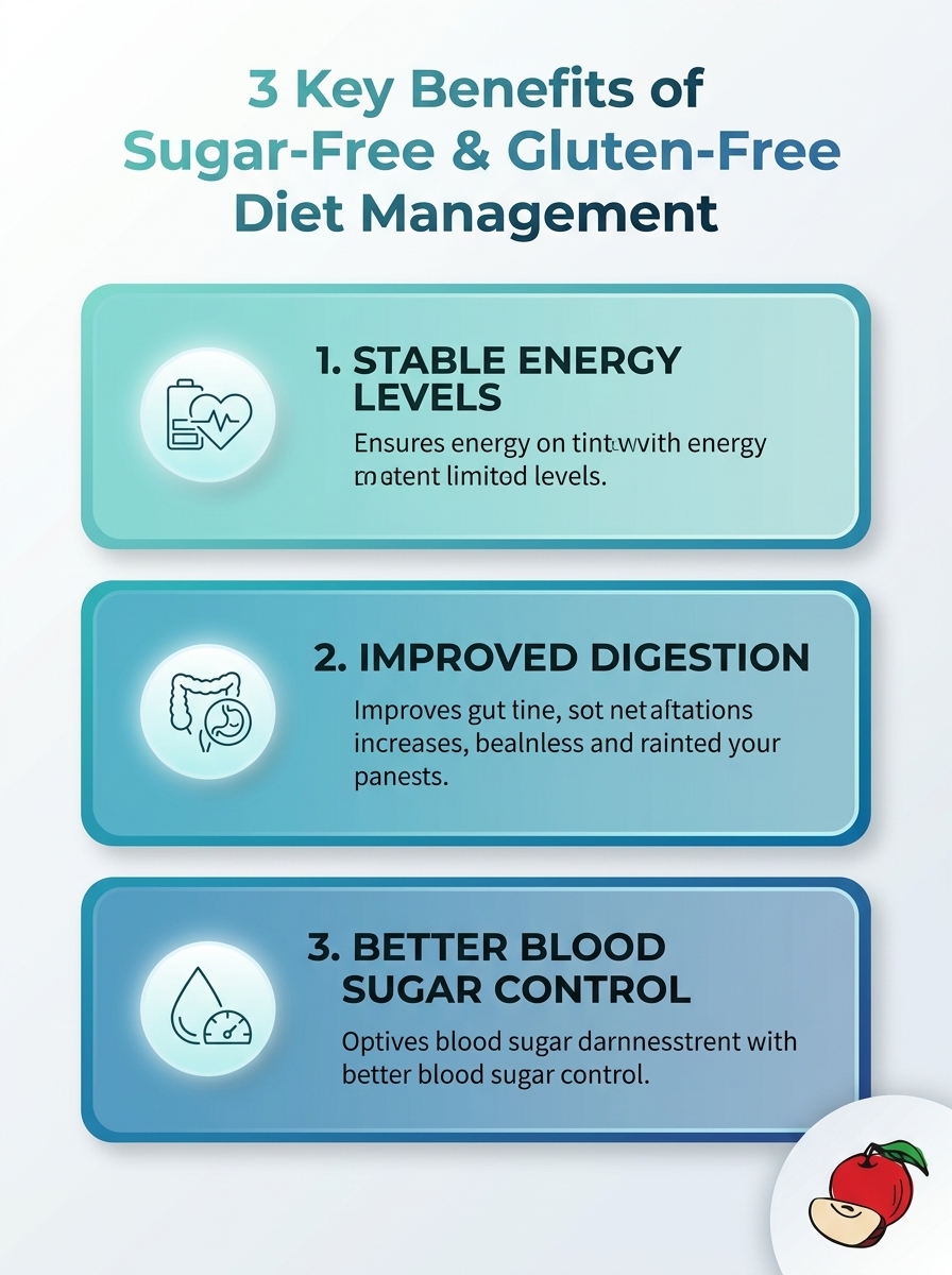 Infographic showing 3 key benefits of Sugar-Free & Gluten-Free Diet Management.