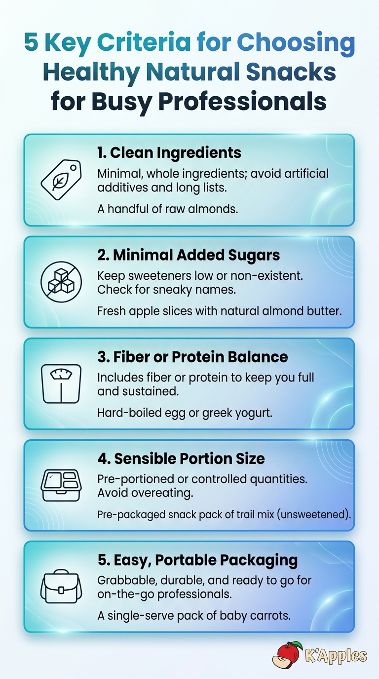 Infographie montrant 5 critères clés pour choisir des collations naturelles saines pour les professionnels occupés.