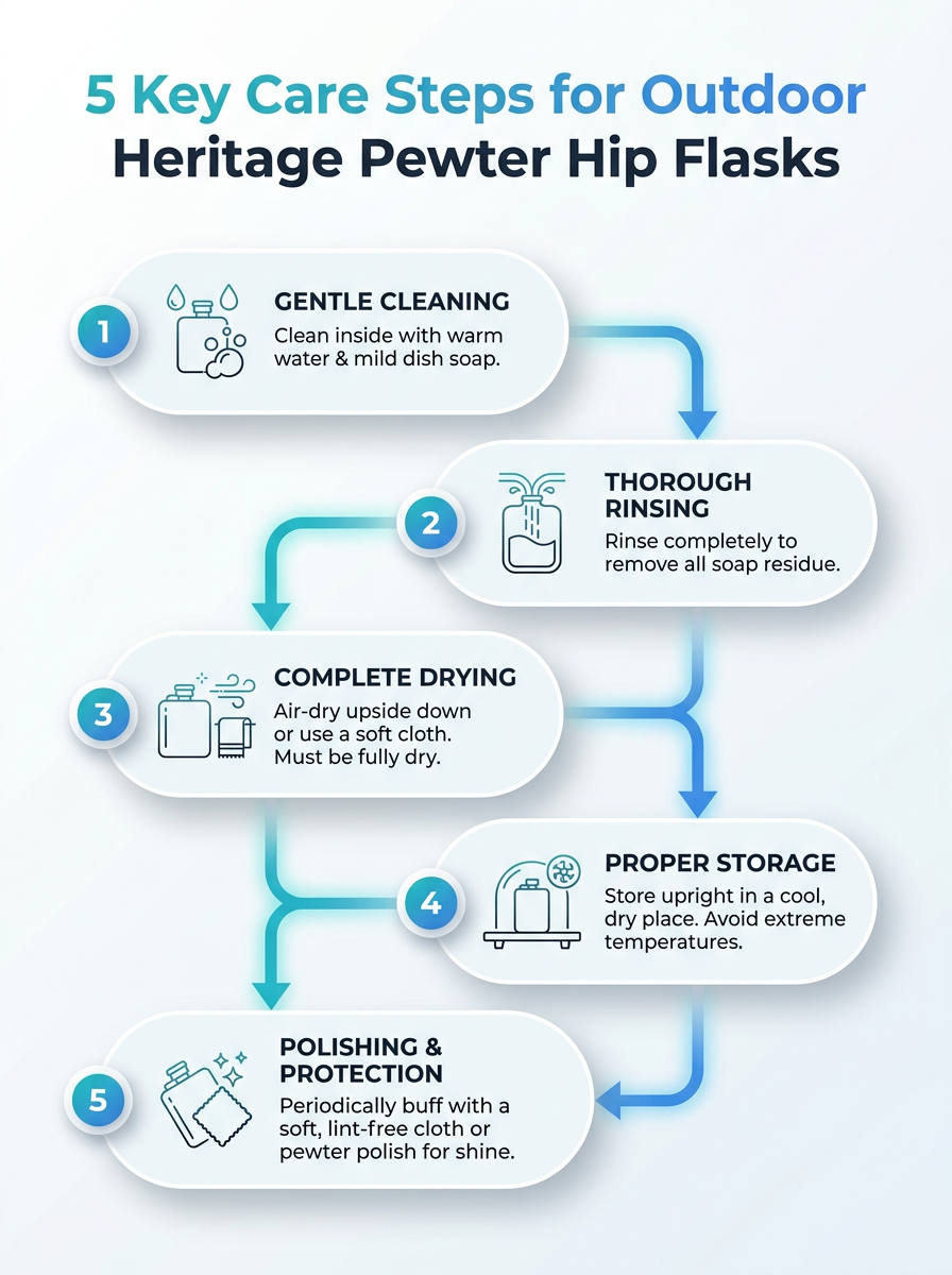 Infographic: Caring for Your Outdoor Heritage Pewter Hip Flask with 5 care steps (cleaning, drying, storage, polishing, handling)