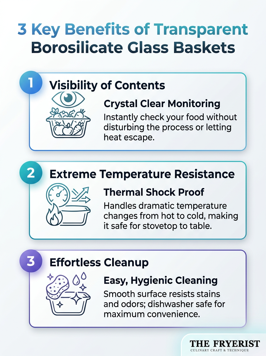 Infographic illustrating 3 key benefits of transparent borosilicate glass baskets.