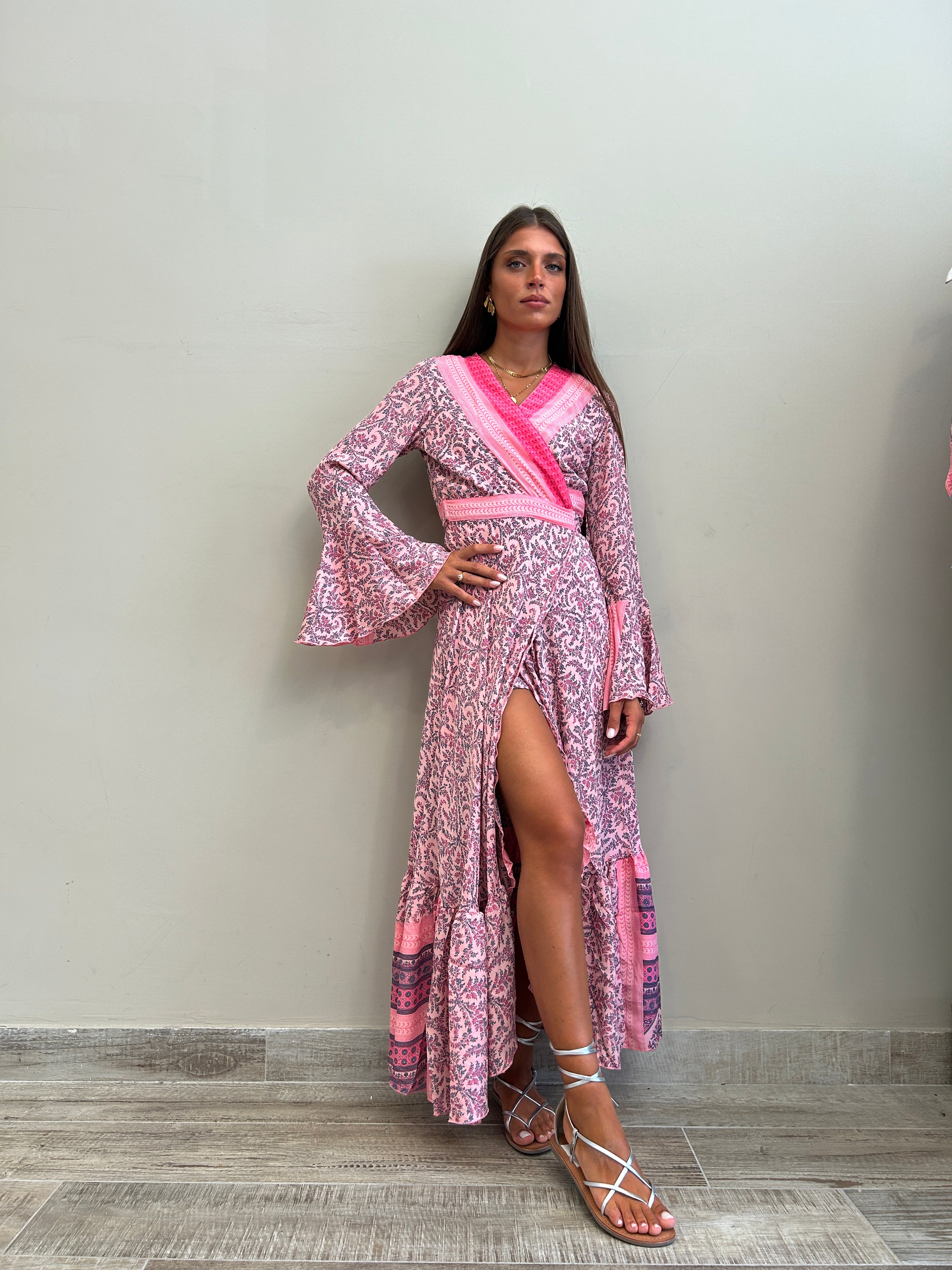 Abito kimono boho in seta fantasia Soft Pink, moda donna boho Gipsy Inside