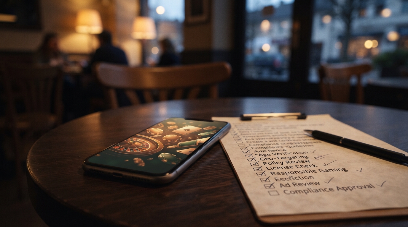 A smartphone displaying a generic roulette-themed gambling advertisement rests beside a marked review checklist on a quiet