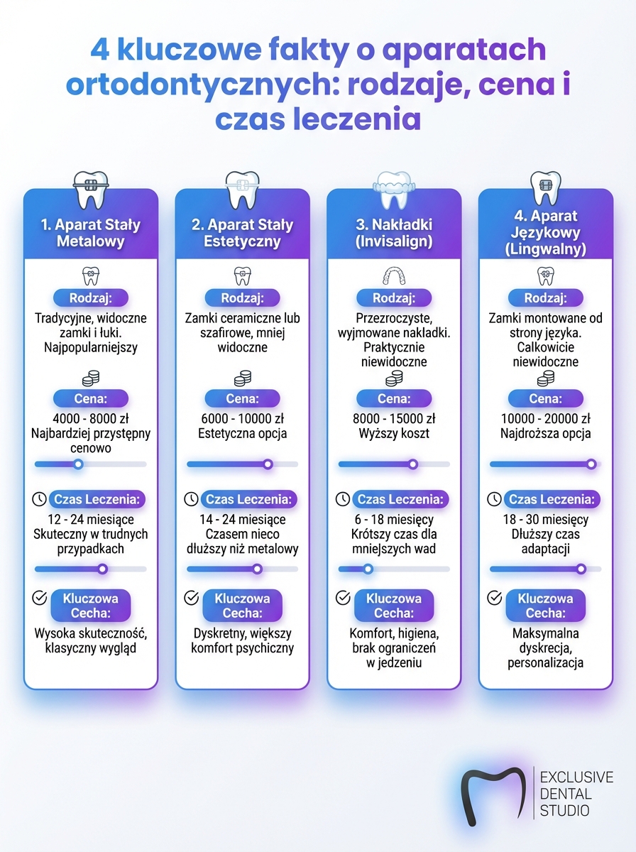 Infografika: Aparat ortodontyczny – rodzaje, cena i czas leczenia – 4 kluczowe fakty
