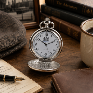 Polished pewter pocket watch on a vintage desk