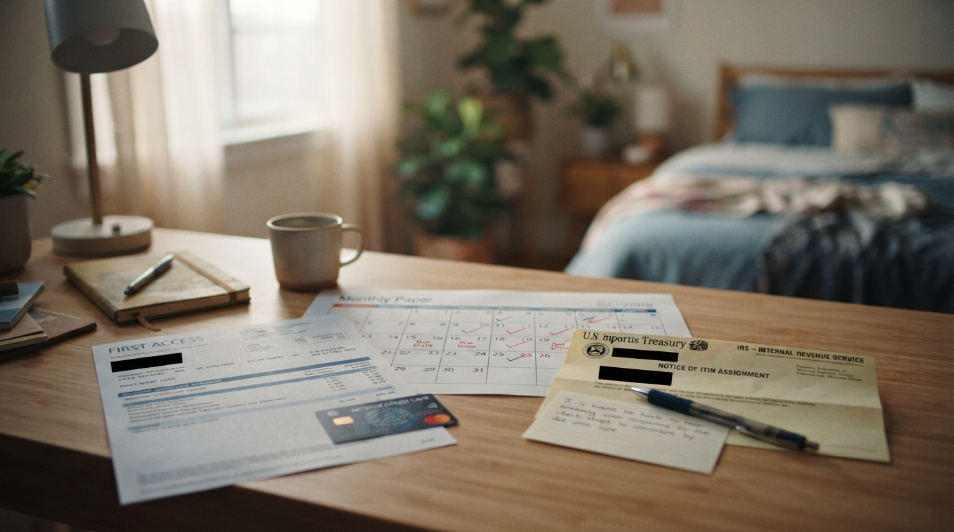A paid card statement and marked payment calendar sit beside a masked ITIN notice on a quiet bedroom desk at dawn.