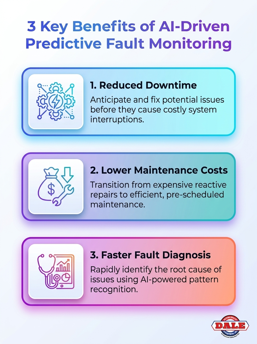 Infographic: 3 key benefits of AI-Driven 'Predictive Fault' Monitoring for reliability, uptime, and proactive maintenance.