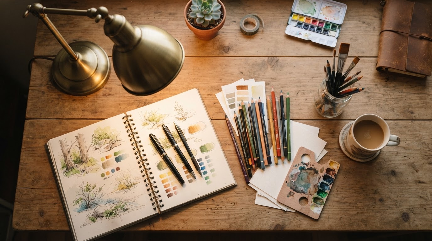 An overhead view shows a creative desk arranged with a sketchbook, colored pencils, paper swatches, and a warm pool of