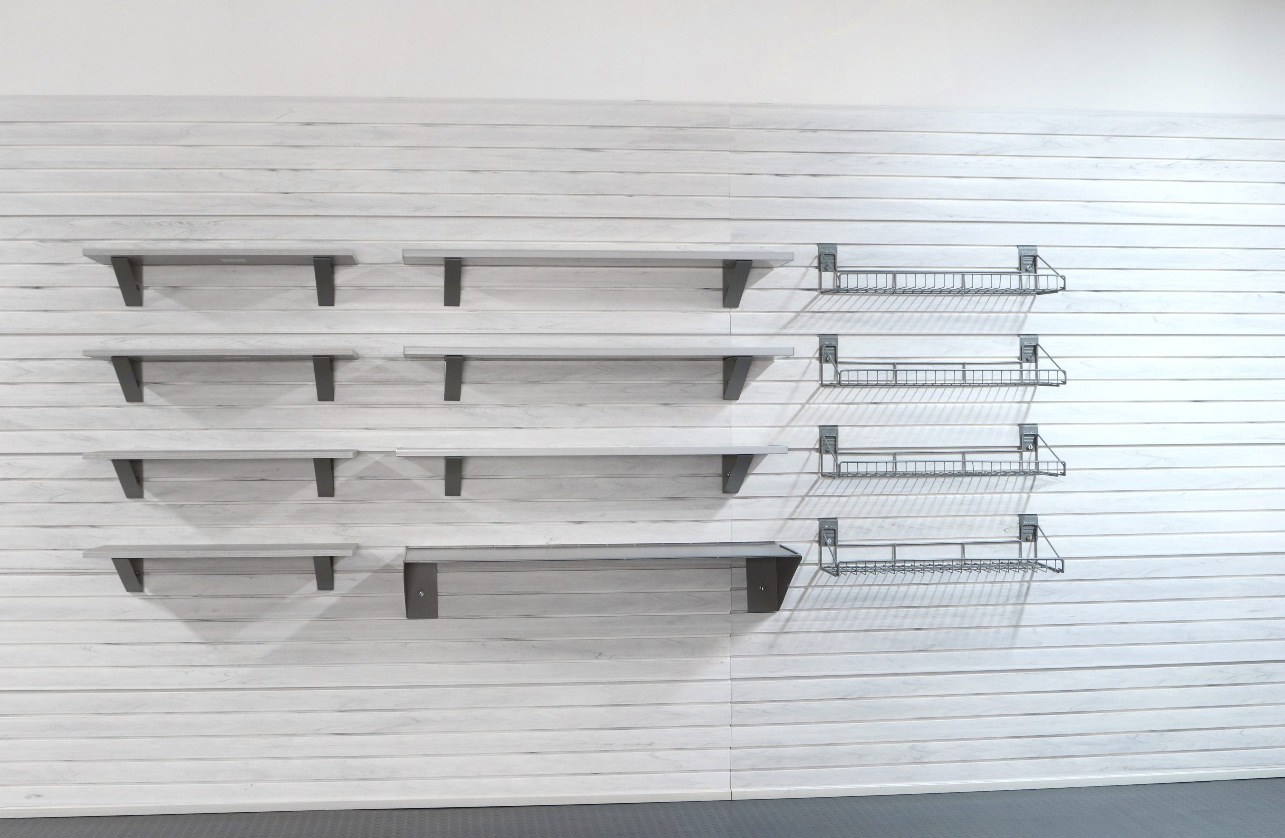 Garage shelving and slatwall storage setup