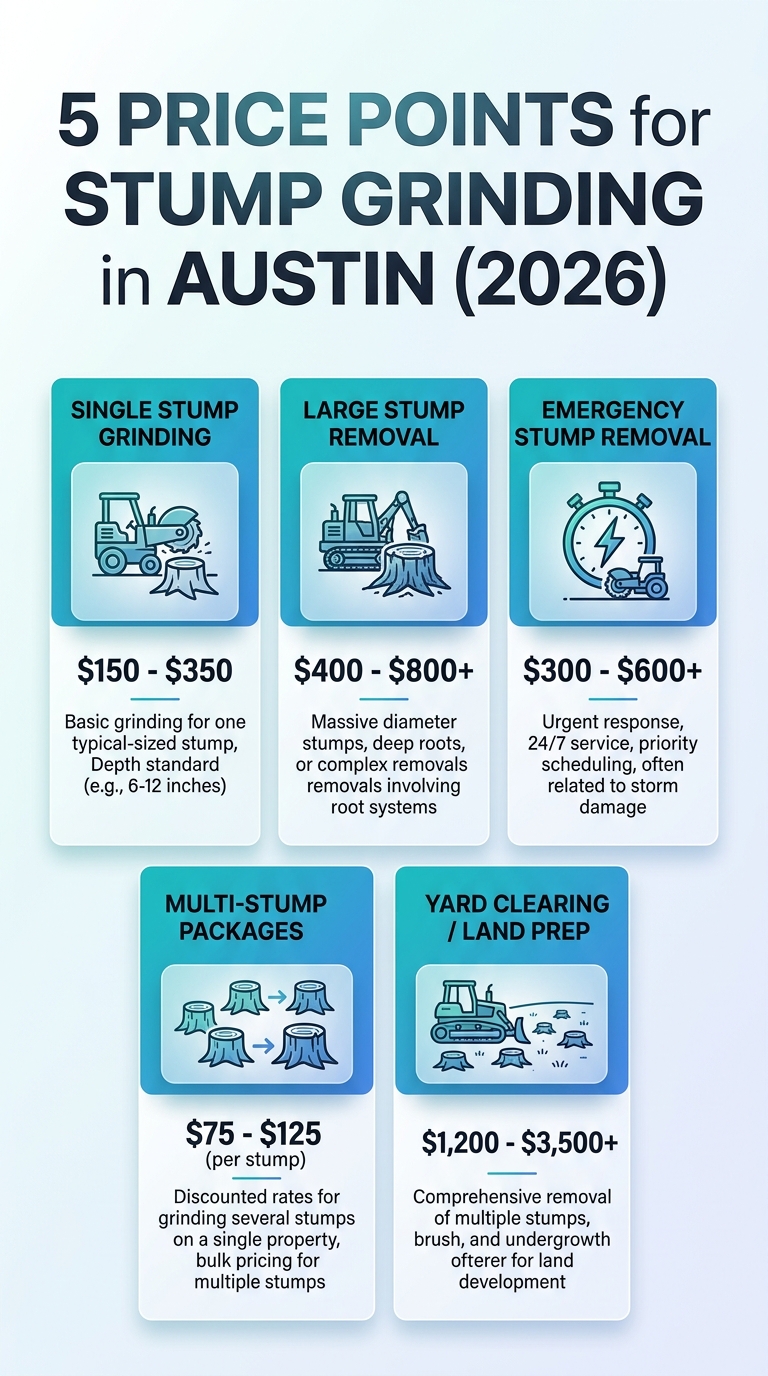 Infographic showing 5 price points for stump grinding costs in Austin, 2026 (stump grinding cost Austin 2026).