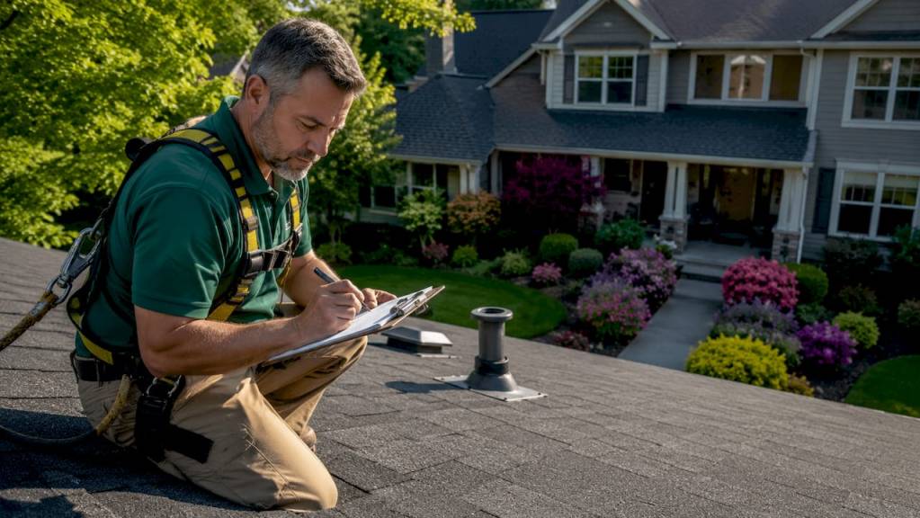 Roofing inspector examining residential roof