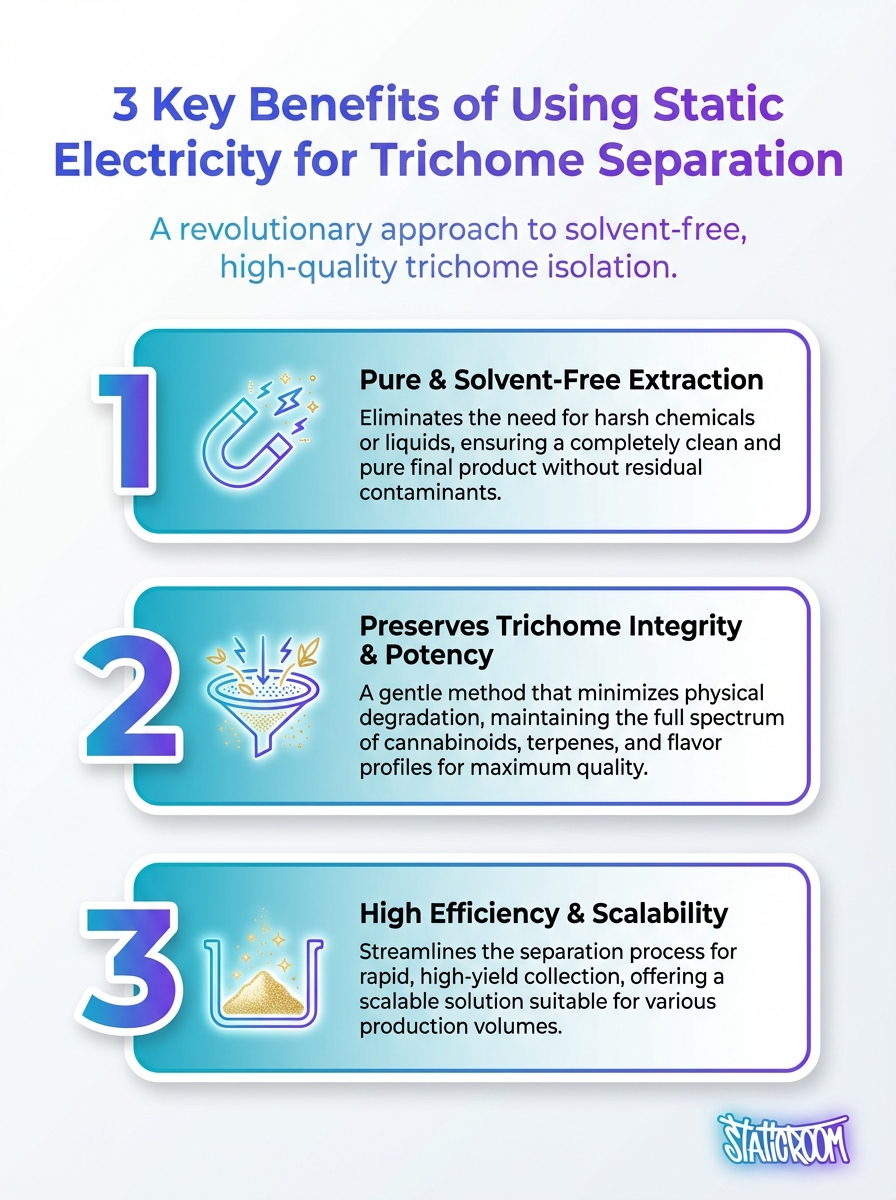 Infographic showing 3 key benefits of using static electricity to separate trichomes.