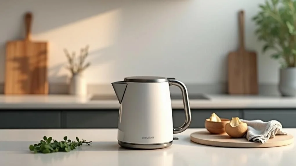 Stainless steel electric kettle on a kitchen counter beside fruit and herbs