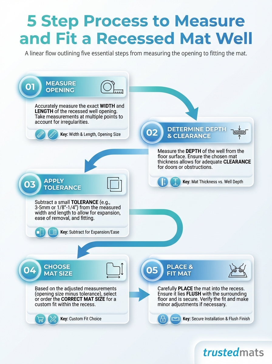 Infographic detailing a 5-step process to measure and fit a recessed mat well