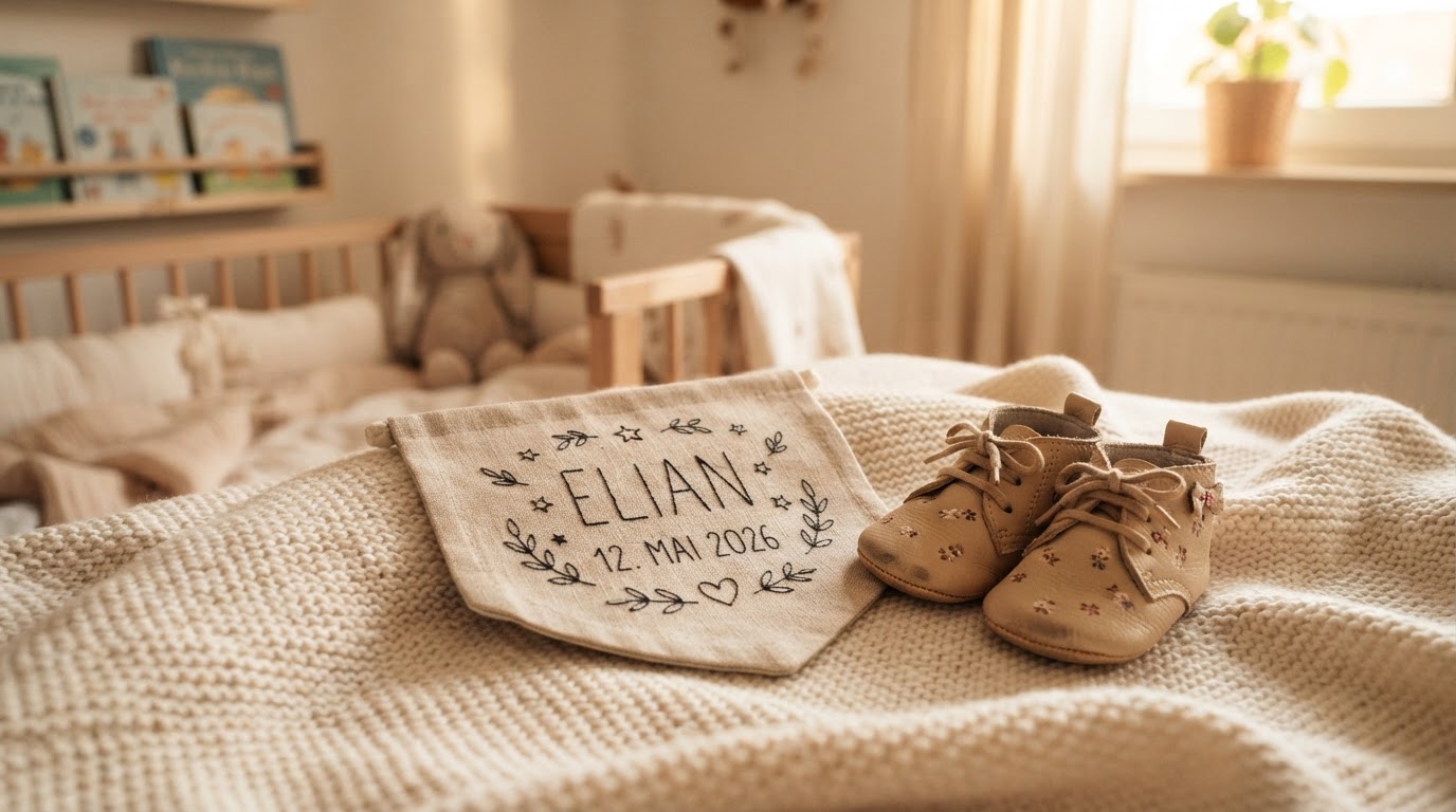 Ein besticktes Erinnerungsstück mit Namen und Geburtsdatum liegt neben winzigen Babyschuhen auf einer Decke im sanften Licht
