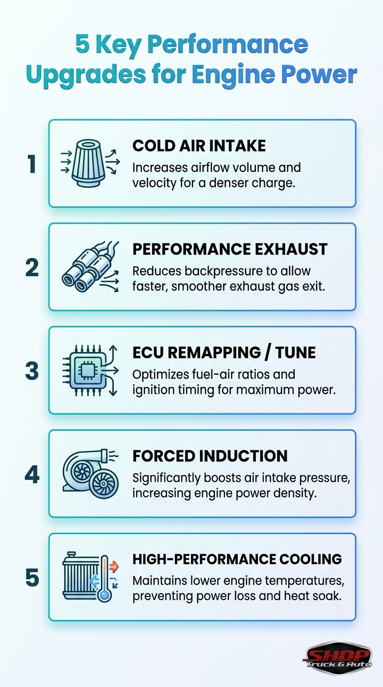 Infographic on Performance and Power Upgrades: 5 key upgrades for engine power and efficiency.