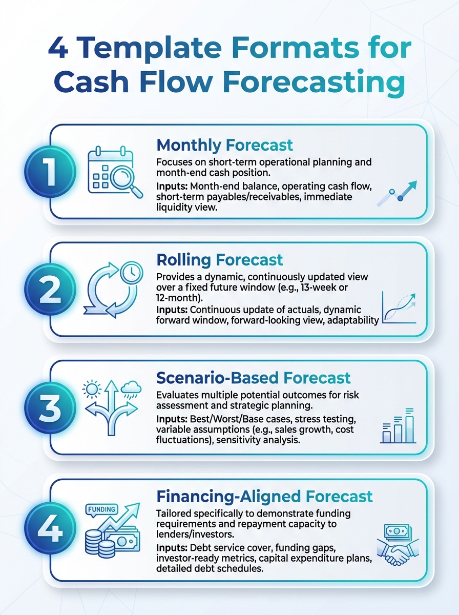 Cash Flow Forecasting for Financing Needs: Templates and Scenarios - 4 template formats.