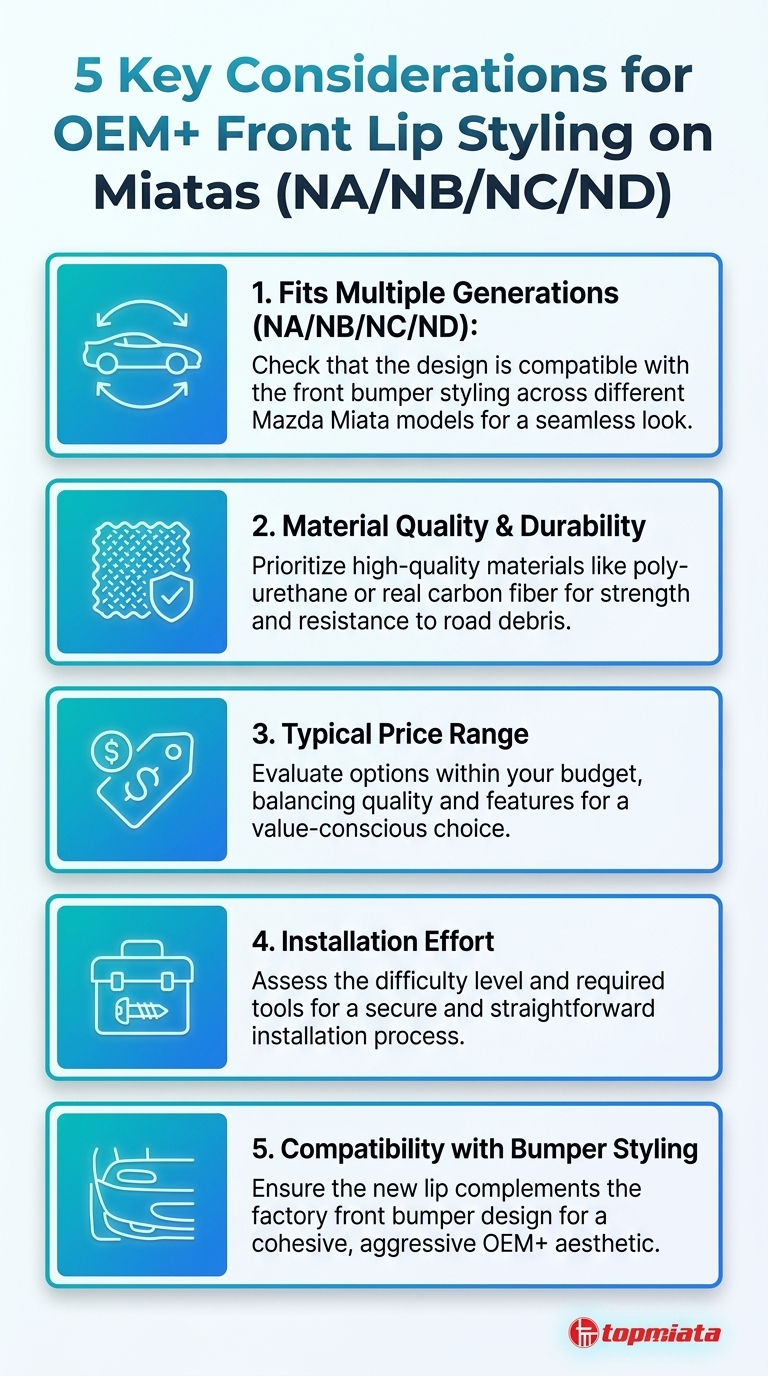Infographic: Best Front Lip Spoilers for Aggressive OEM+ Styling - 5 key considerations for Miatas (NA/NB/NC/ND)
