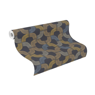 Modern Geo Navy and Gold Curved Patterned Wallpaper