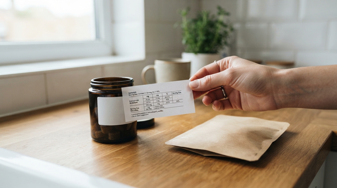 A hand studies a plain edible-product label showing cannabinoid amounts and serving details beside an unopened pouch on a