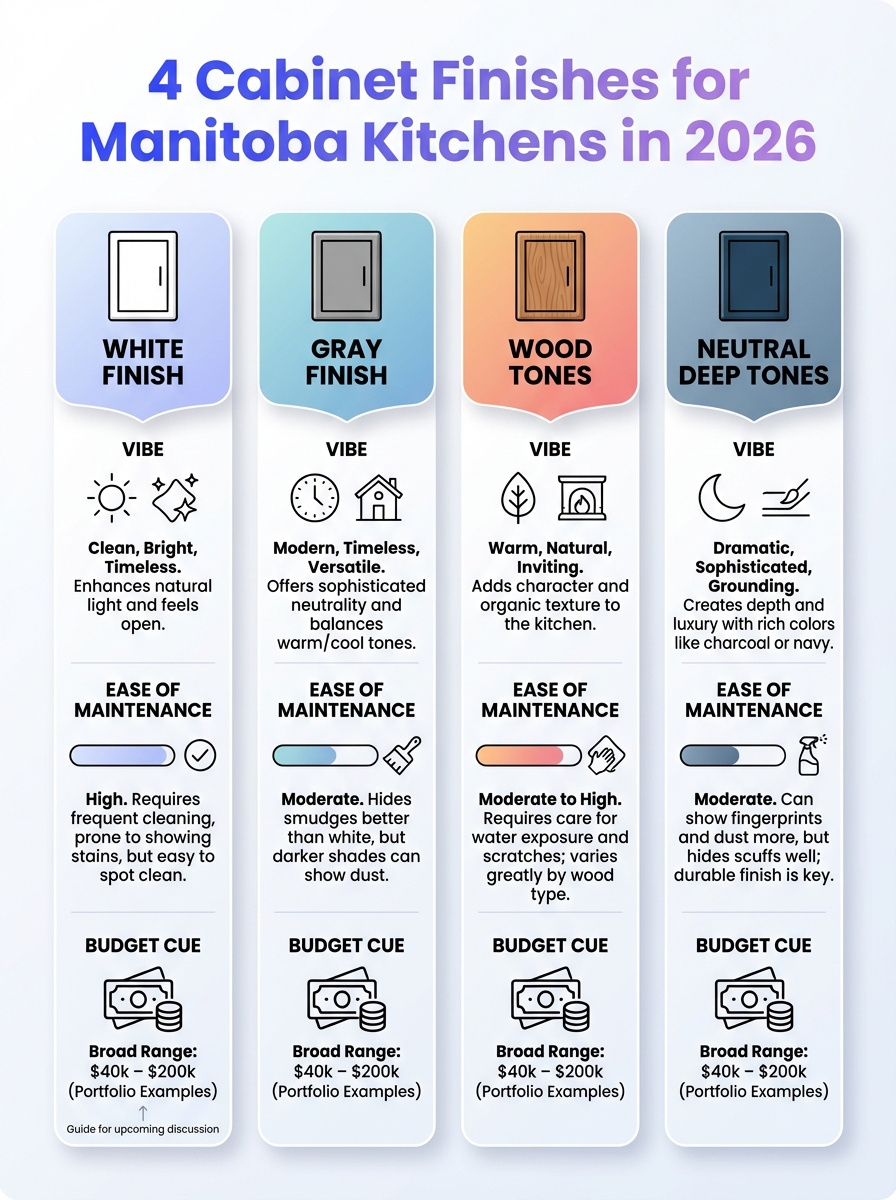 Infographic: 4 cabinet finishes for Manitoba kitchens in 2026, highlighting 2026 kitchen cabinet color trends in Manitoba.