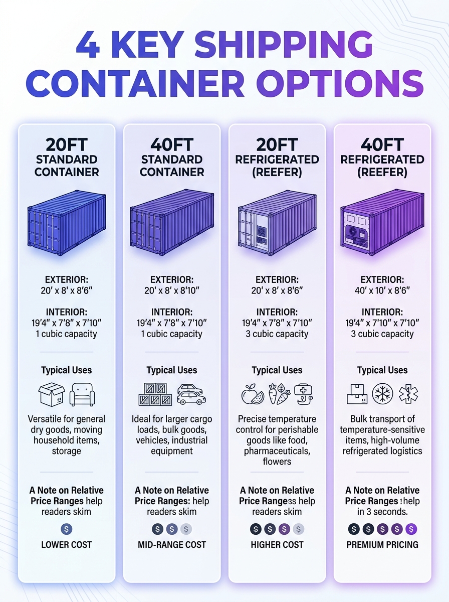 Infographic of 4 key shipping container options with quick comparisons for size and use.