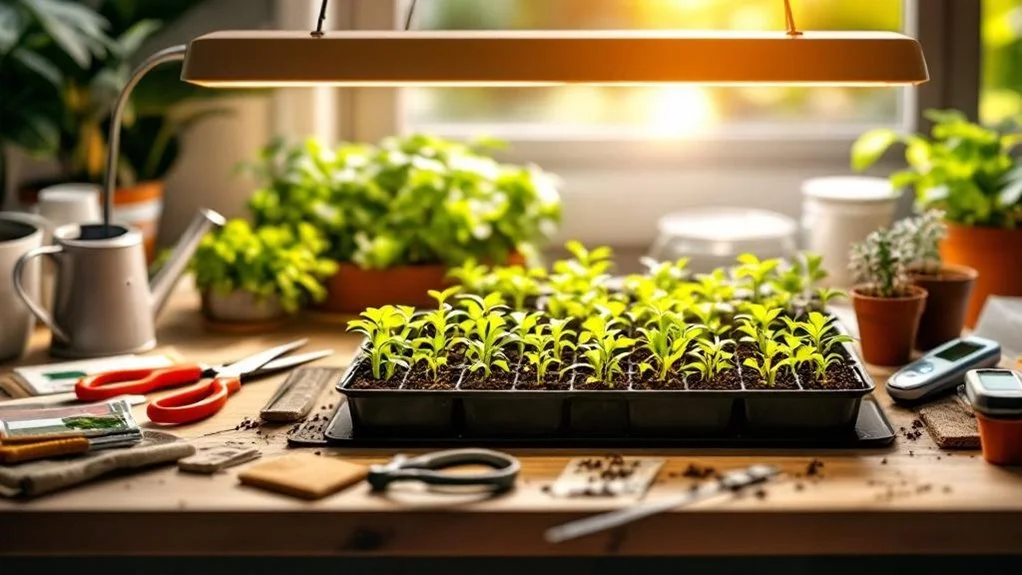 Seedlings in trays under a grow light on a gardening workbench