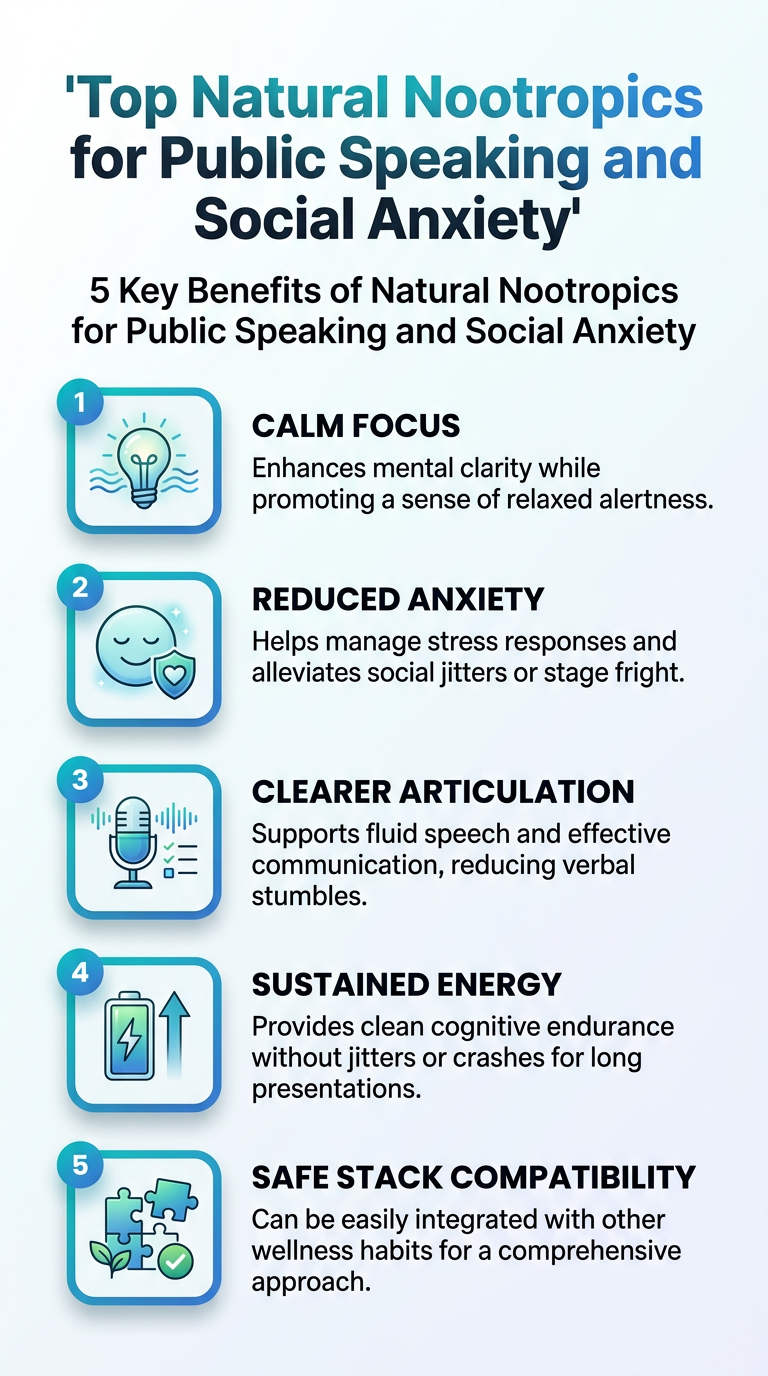 Infographic showing 5 key benefits of natural nootropics for public speaking and social anxiety.