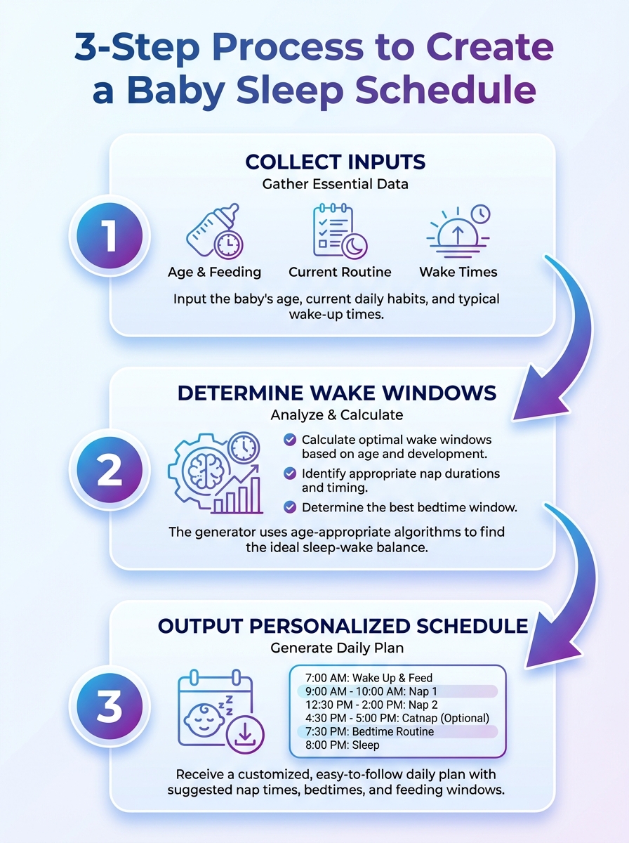 Infographic showing a 3-step process to create a baby sleep schedule (baby sleep schedule generator)