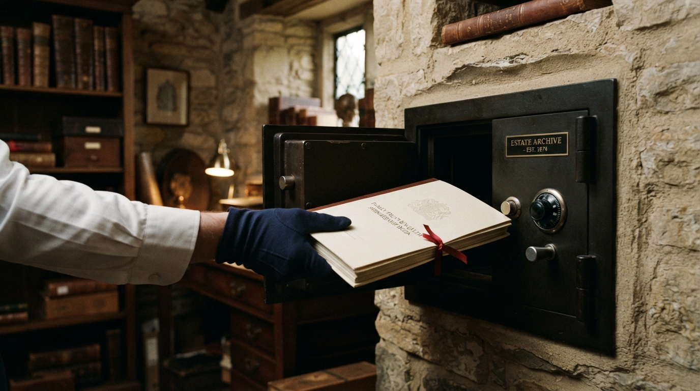 A gloved hand places a family trust document into a fireproof safe in a stone-walled estate archive.