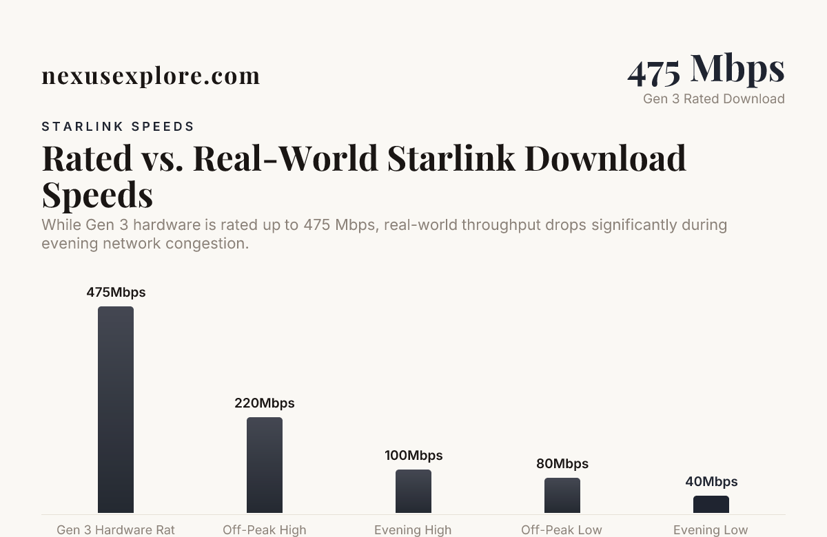 Rated vs. Real-World Starlink Download Speeds — data from NexusExplore 2026 Remote Operations Assessment