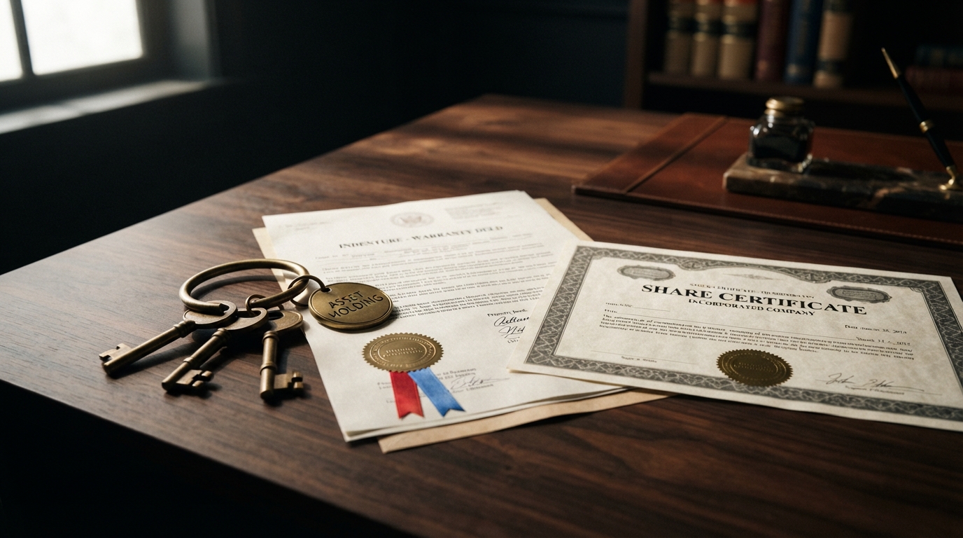 A brass key ring and property deed beside a small company share certificate, photographed in dramatic side light on a dark