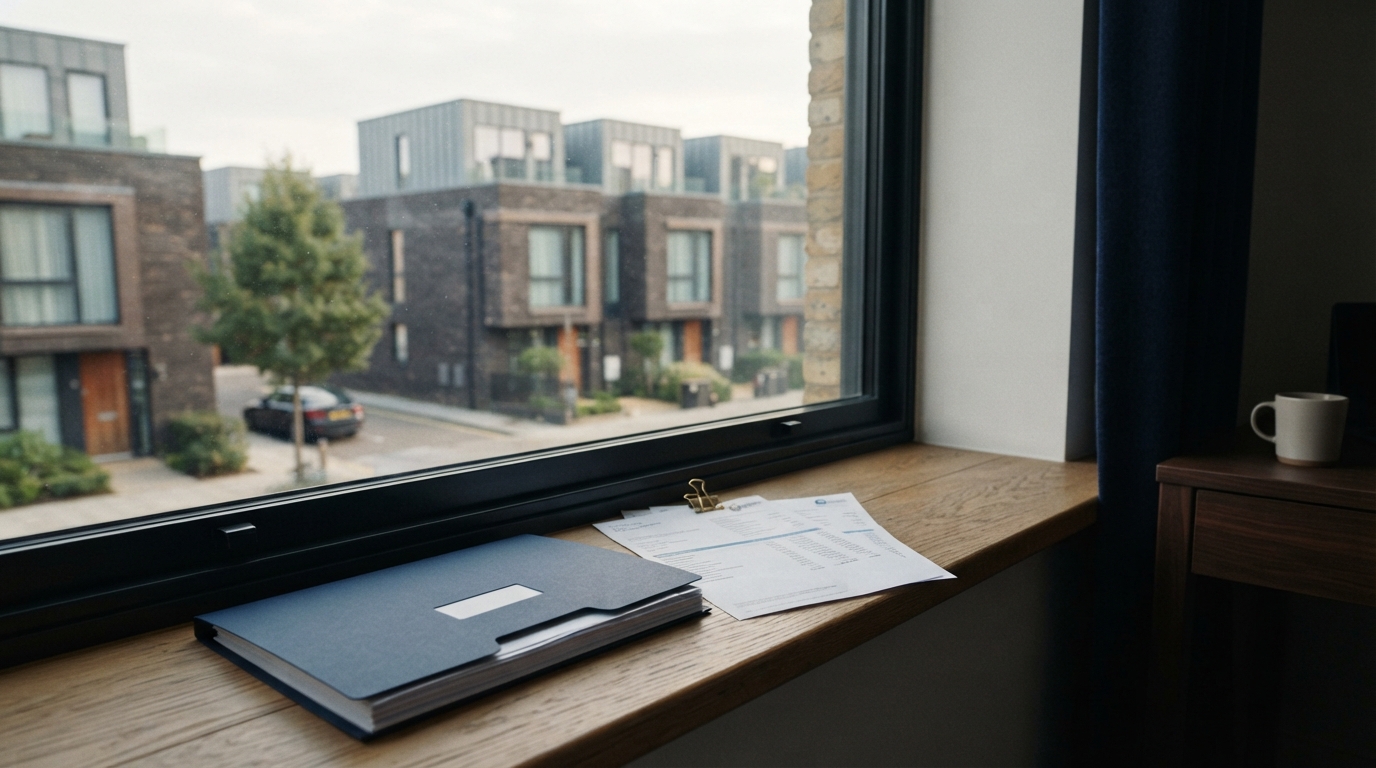 A modern British townhouse seen through an office window, with a mortgage application folder and deposit statements on the