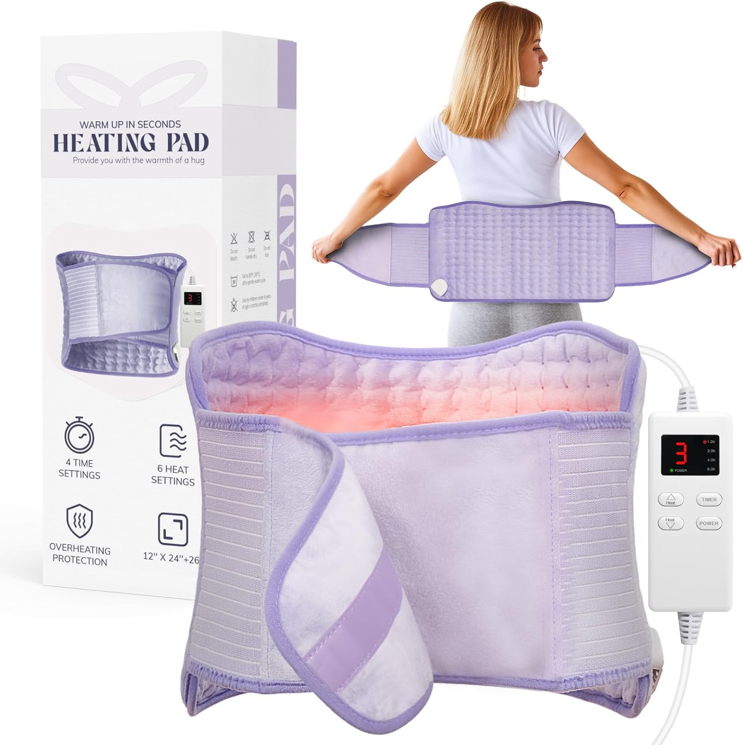 Heating pad for period cramps, upgraded wrap heating pad for back pain relief, with adjustable belt and heat settings.