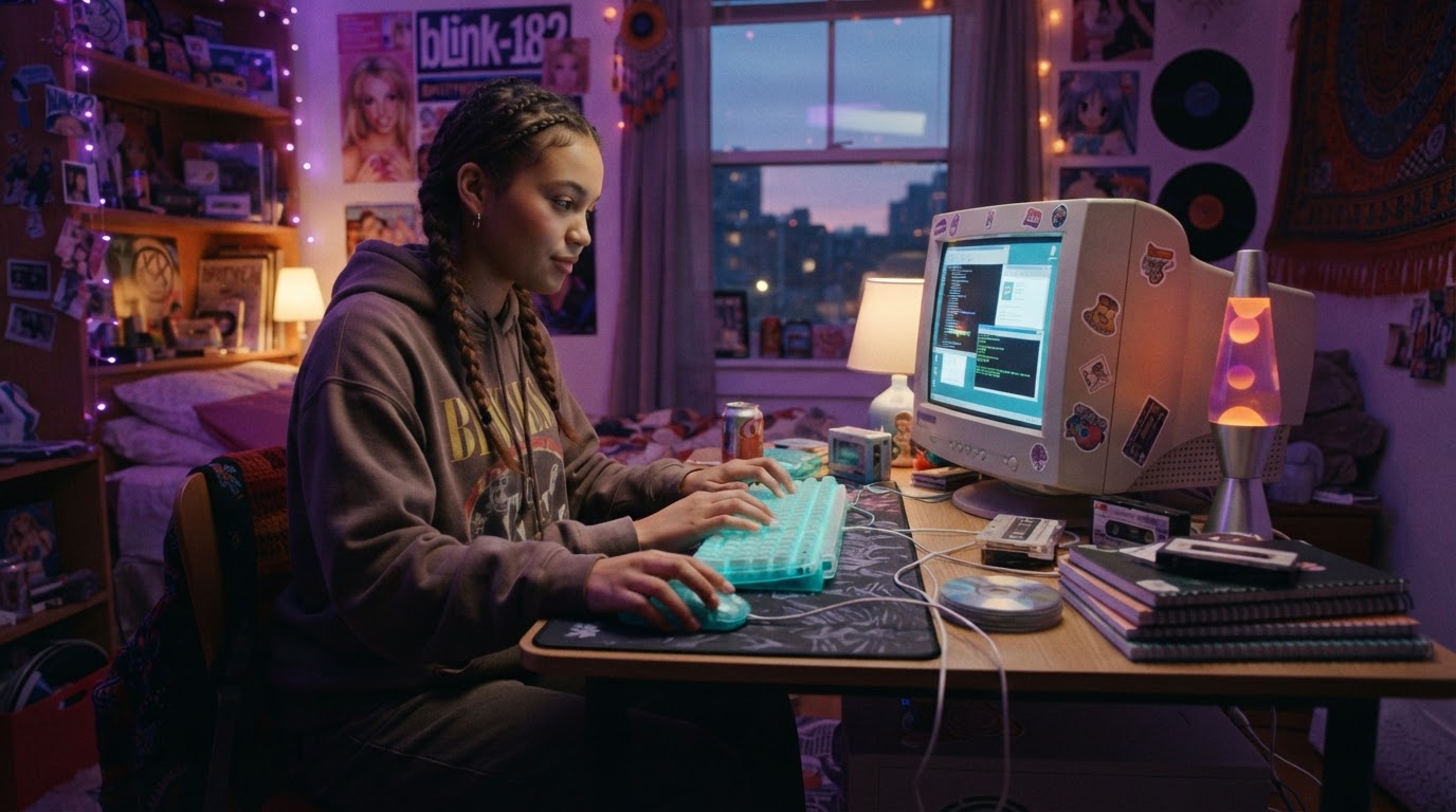 A student types on a translucent aqua keyboard at a compact bedroom desk, with a beige CRT monitor and soft violet evening