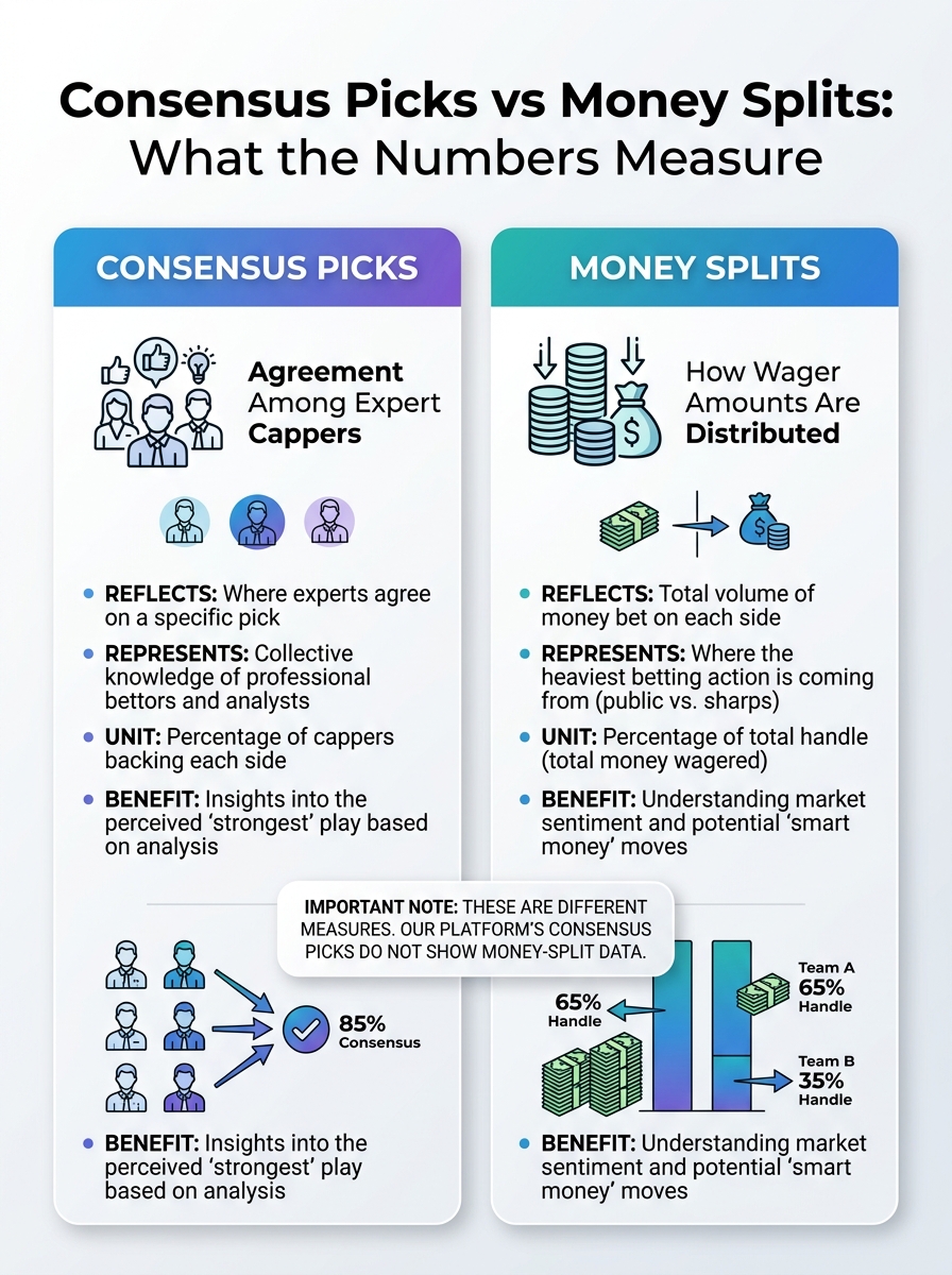 Infographic comparing consensus picks and money splits and explaining what each betting measure shows
