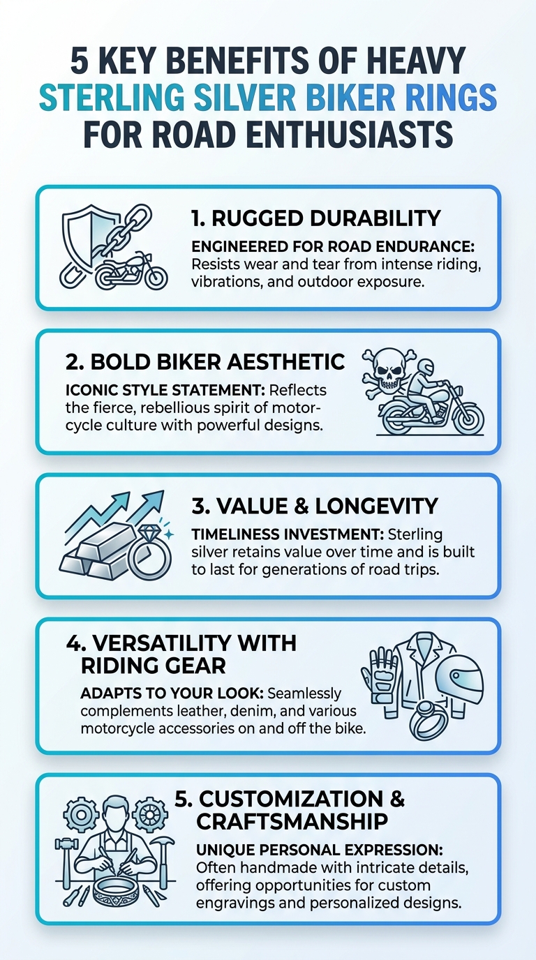 Infographic: five key benefits of the Best Heavy Sterling Silver Biker Rings for Road Enthusiasts.