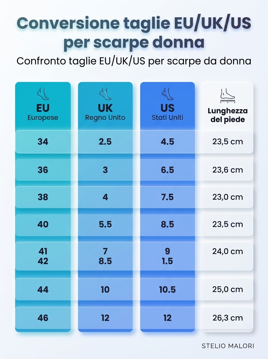 Infografica: confronto delle taglie EU/UK/US per scarpe da donna e guida di conversione