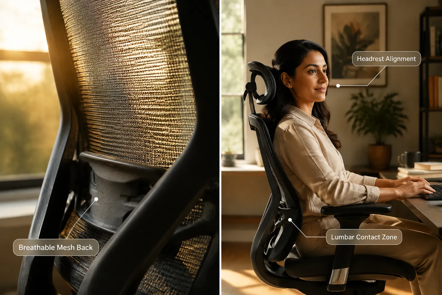 Sihoo M57 mesh back breathability and lumbar contact zones illustration