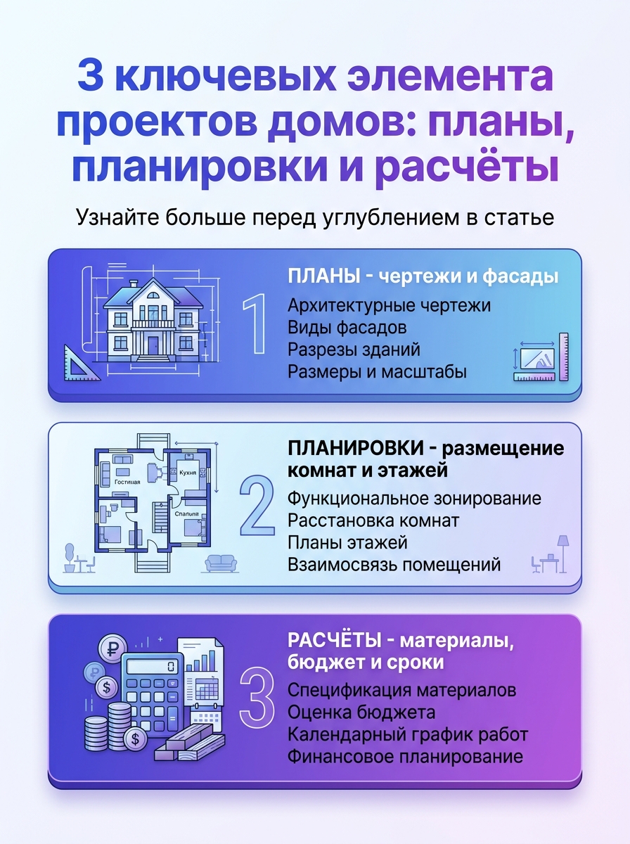 Инфографика: проекты домов — планы, планировки и расчеты, 3 ключевых элемента