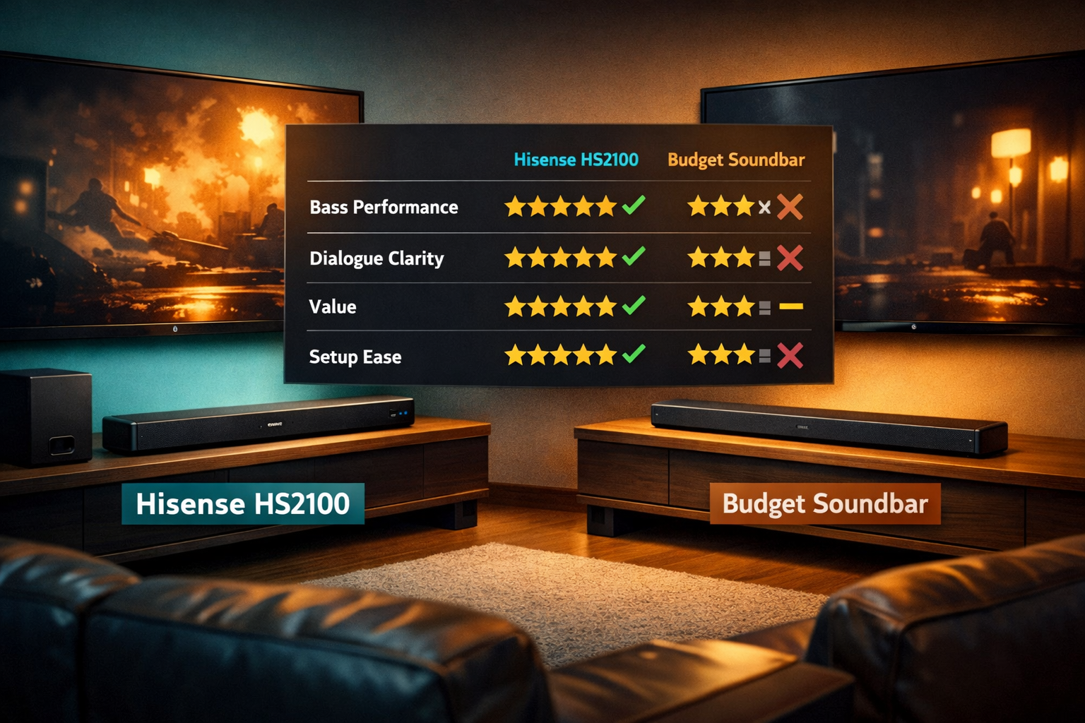 Hisense HS2100 comparison chart against a competing budget soundbar