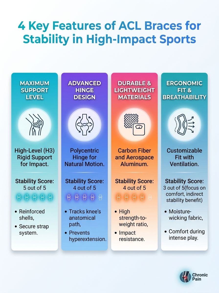 Infographic outlining 4 key ACL braces features for stability in high-impact sports.